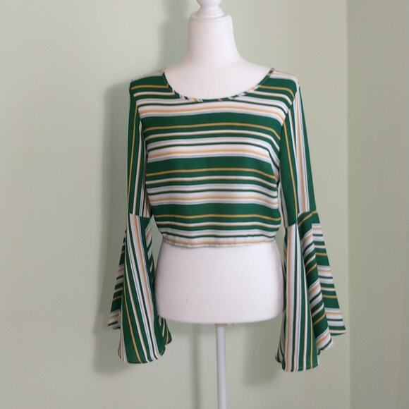 Ups & Downs Crop Top Women's Size M Green Striped Long Bell Sleeve - Picture 9 of 16